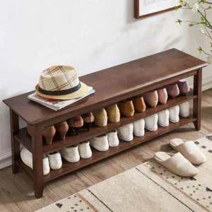 Modern Rubberwood Entryway Bench with Shoe Storage for Hallway and Mudroom