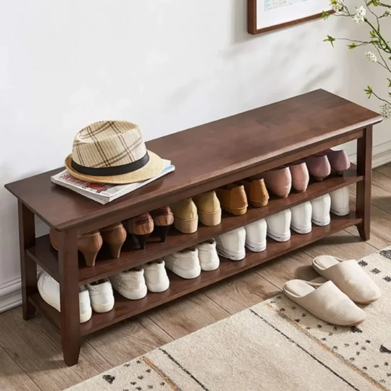 Modern Rubberwood Entryway Bench with Shoe Storage for Hallway and Mudroom