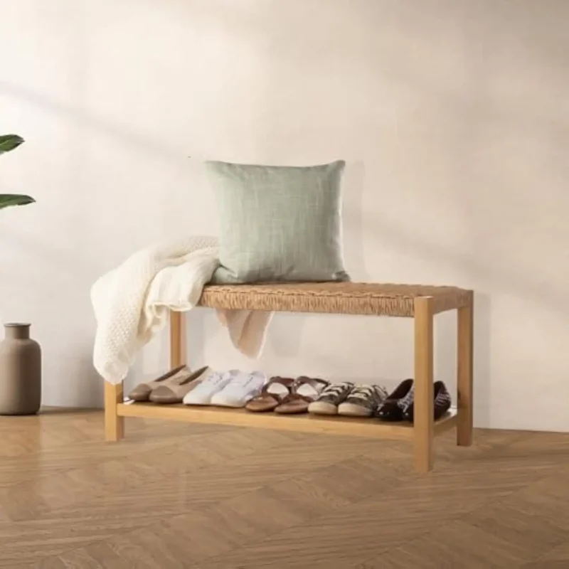 Modern Rustic Woven Rope Entryway Bench with Storage Shelf for Bedroom and Living Room - Image 6