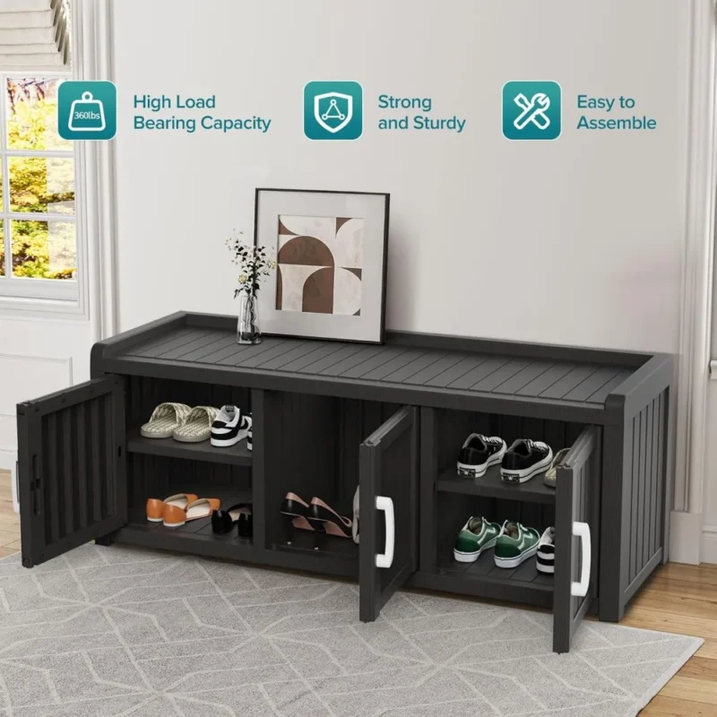Industrial Black Entryway Bench with Three-Door Shoe Storage for Hallway - Image 5