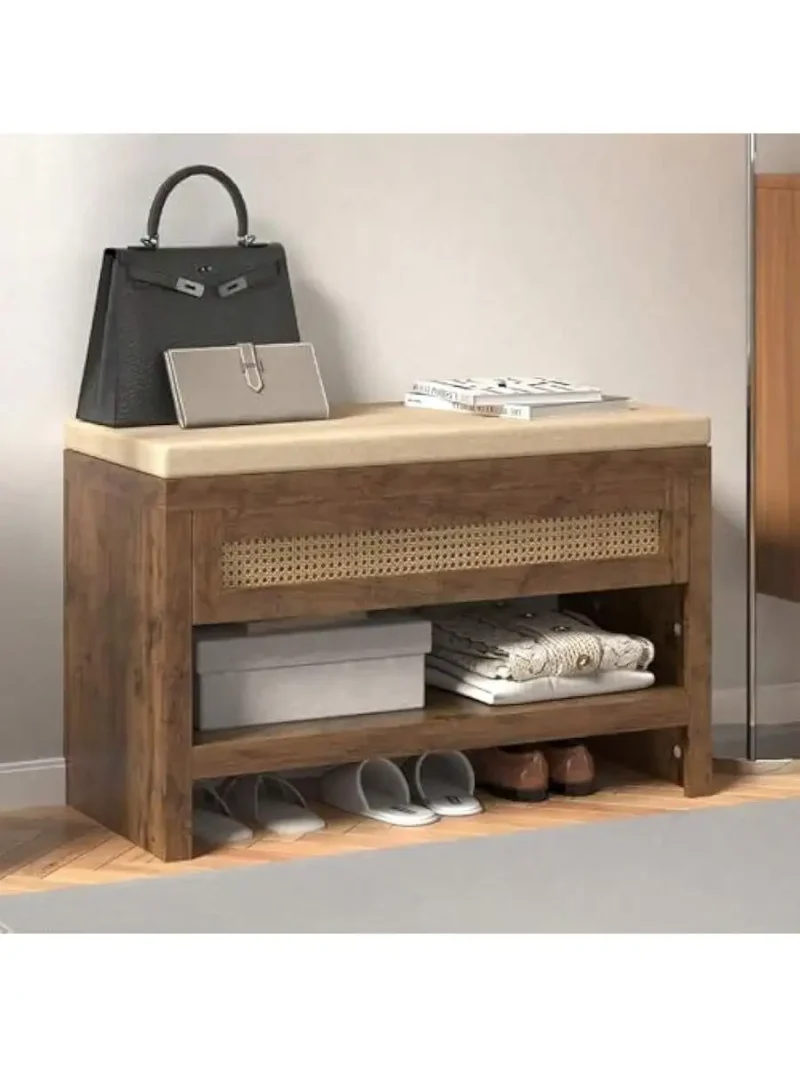 Farmhouse Rattan Entryway Bench with Cushion and Storage Drawer for Mudroom