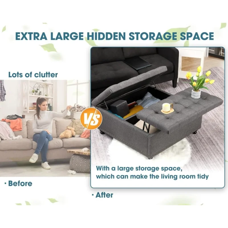 Modern Linen Square Storage Ottoman with Lift Top for Living Room - Image 3