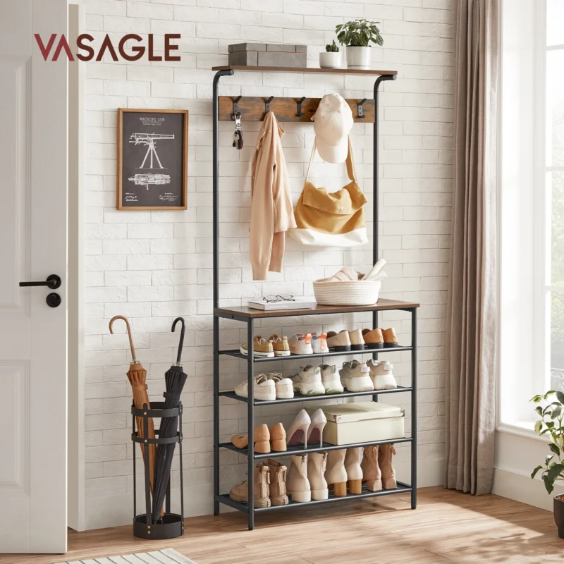 Modern Wooden Hall Tree with Shoe Bench and 5 Dual Hooks for Entryway - Image 2