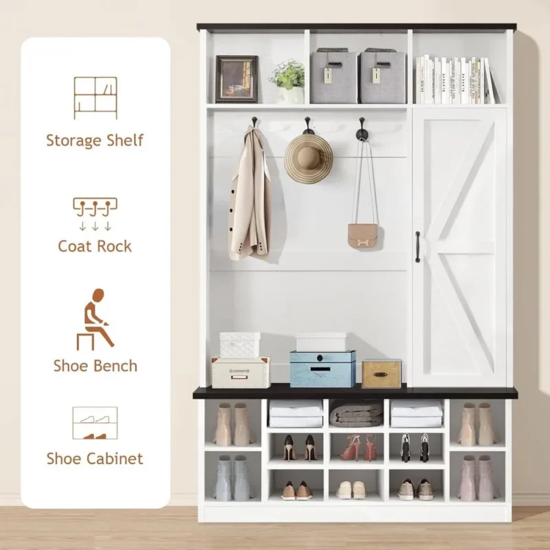Farmhouse White Hall Tree with Bench and Shoe Storage for Entryway and Mudroom - Image 5