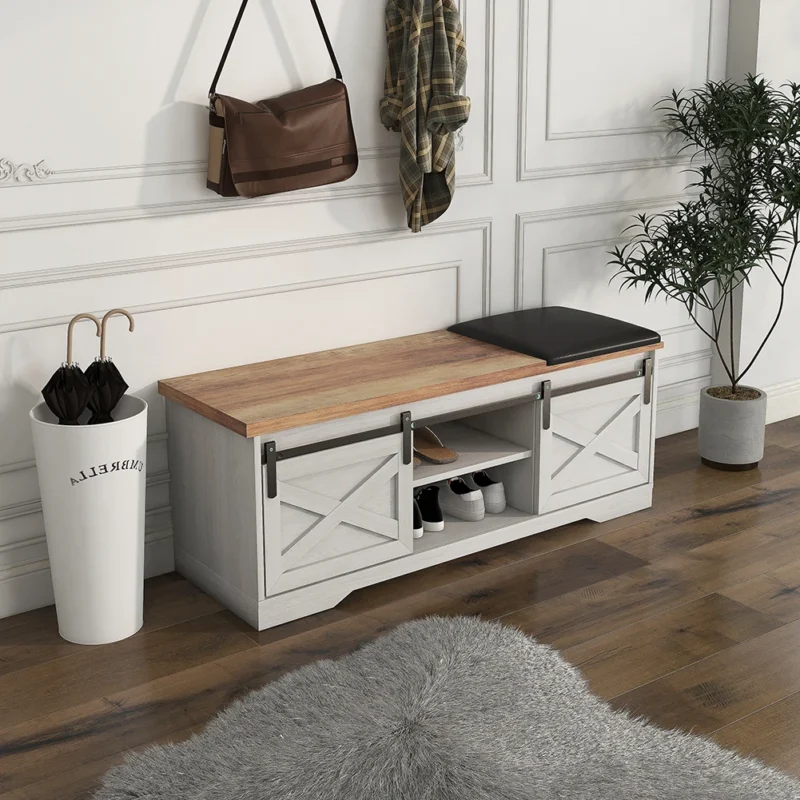 Modern Entryway Bench with Sliding Door Storage and Cushion Seat for Hallway - Image 4