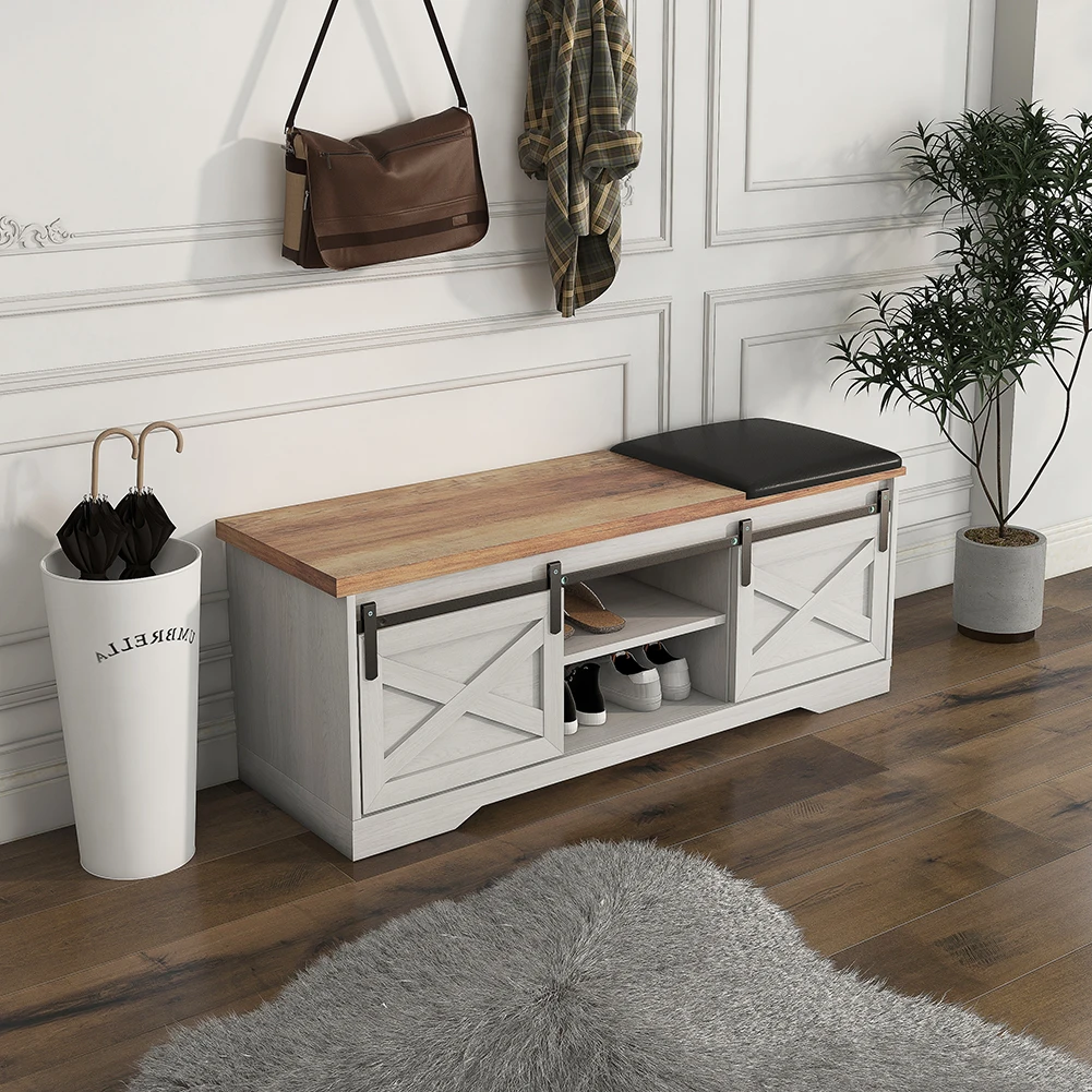 Modern entryway bench with cushion and storage compartments