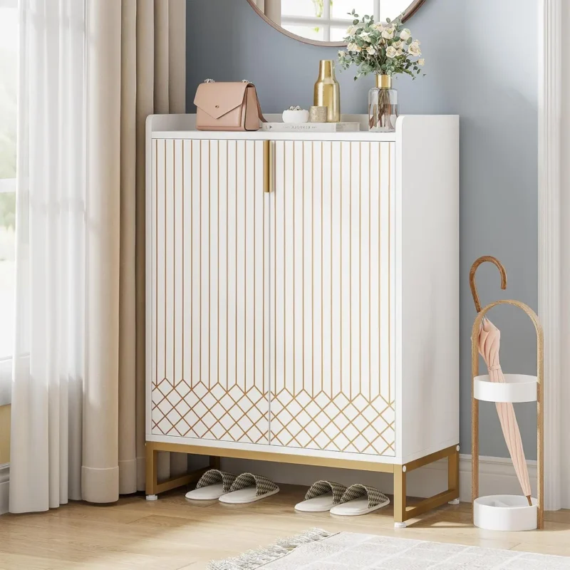 Modern Grey 5-Tier Shoe Cabinet with Doors for Entryway Organization - Image 9
