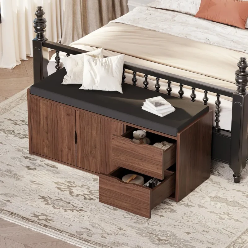 Industrial Wooden Entryway Bench with Padded Seat Cushion and Hidden Shoe Storage - Image 4
