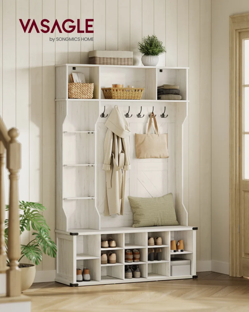 Industrial Hall Tree with Storage Bench and Coat Hooks for Entryway Organization - Image 2