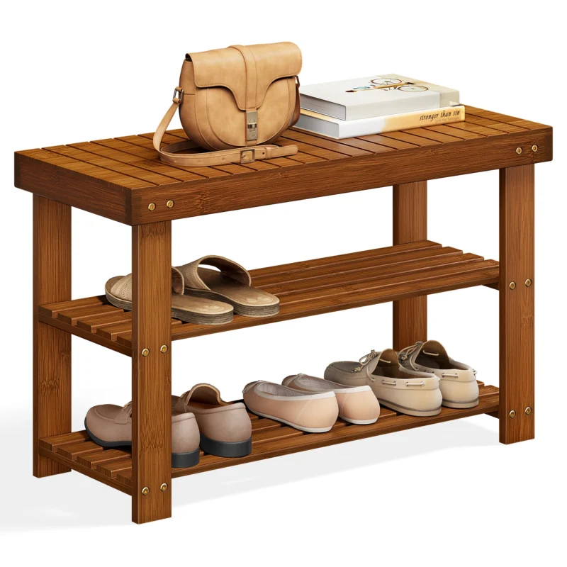 Modern Bamboo Entryway Bench with 3-Tier Shoe Storage for Hallway Organization