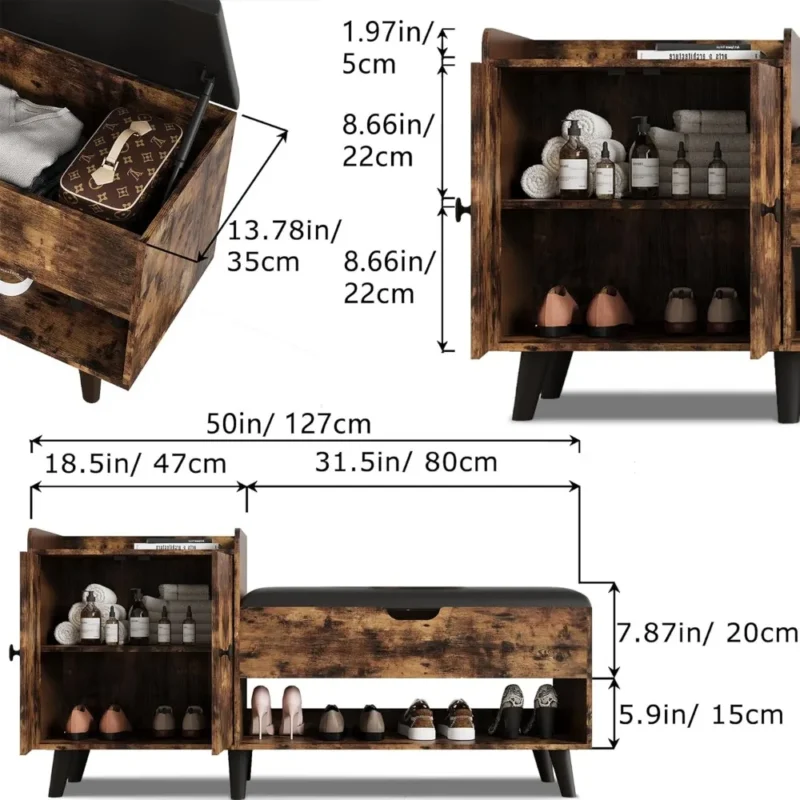 Modern Wooden Entryway Bench with Hidden Storage Cabinet and Shoe Shelf - Image 3