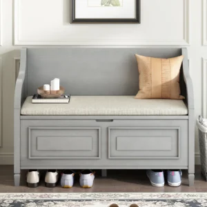Rustic Wooden Entryway Bench with Shoe Storage and Cushioned Seat