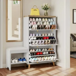 Modern Wooden Shoe Storage Cabinet with 3 Flip Drawers for Entryway Organization