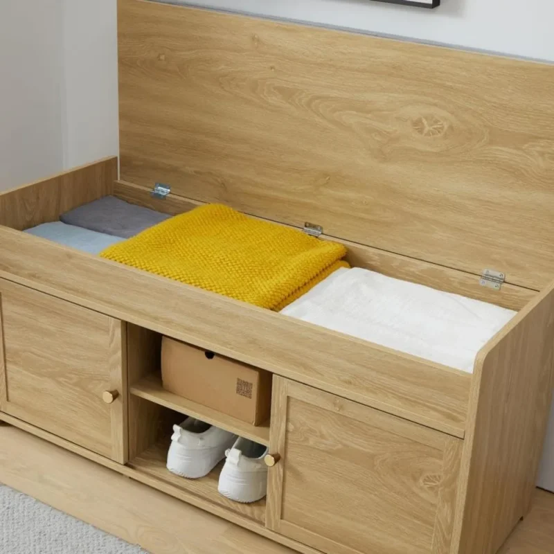 Transitional Storage Entryway Bench with Sliding Doors and Hidden Compartment for Hallway and Bedroom - Image 6