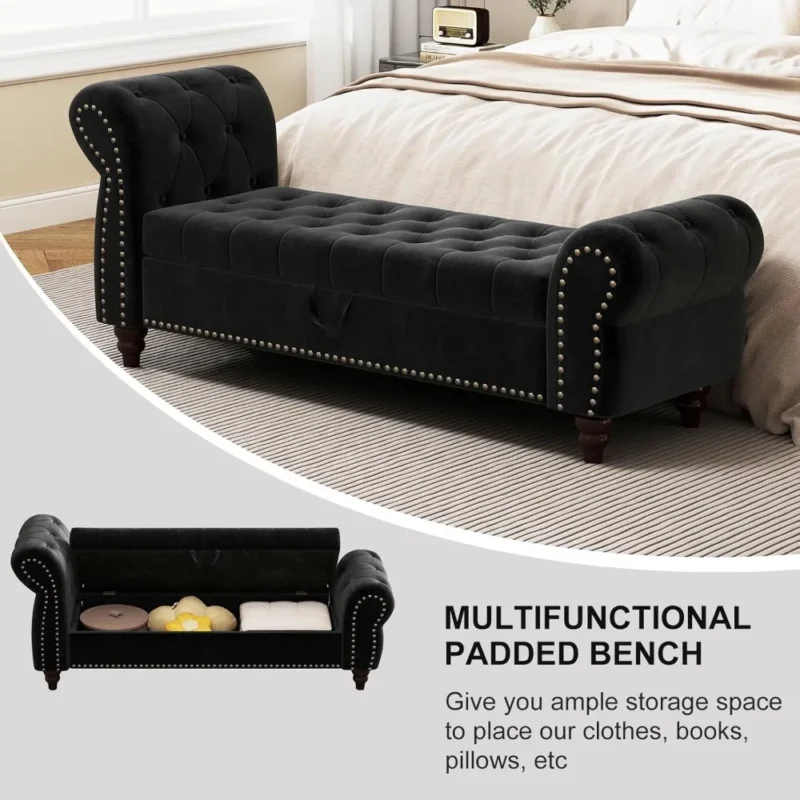 Modern Velvet Storage Ottoman Bench with Rolled Arms for Entryway and Bedroom - Image 5