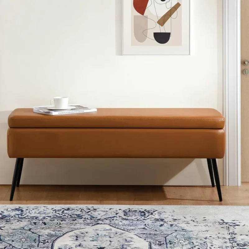 Mid-Century Modern Faux Leather Storage Ottoman Bench with Metal Frame for Entryway and Living Room - Image 5