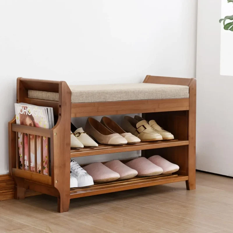 Bamboo Entryway Bench with Cushion Storage Drawer and Shoe Rack for Living Room - Image 2
