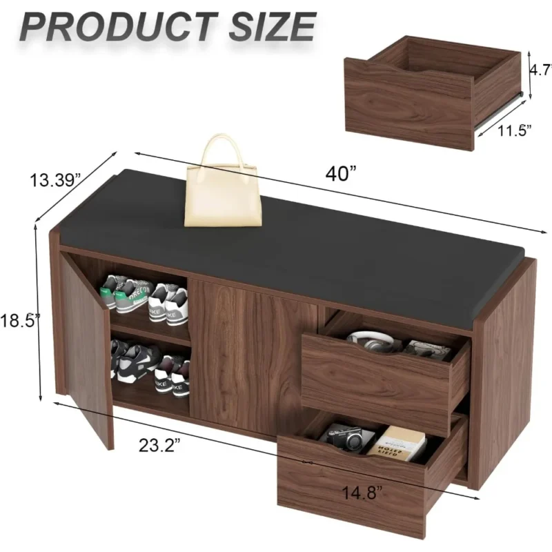 Industrial Wooden Entryway Bench with Padded Seat Cushion and Hidden Shoe Storage - Image 2
