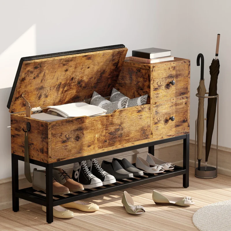 Modern Wooden Entryway Bench with Storage Drawers and Shoe Rack - Image 9