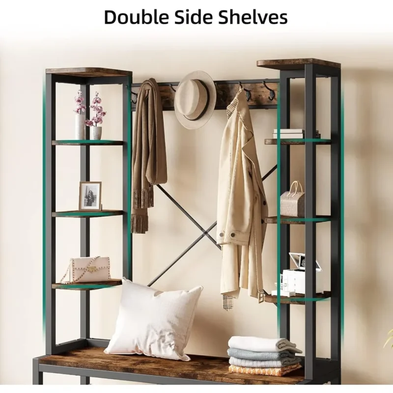 Industrial Wood Hall Tree with Bench and Shoe Storage for Entryway - Image 5
