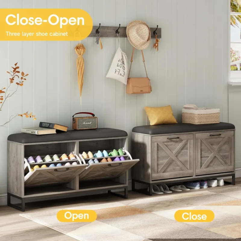 Modern Wooden Hall Tree Bench with Padded Cushion and Shoe Storage for Entryway - Image 3