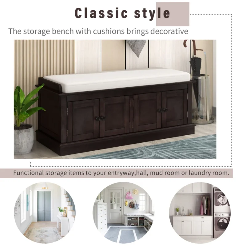 Espresso Wood Entryway Shoe Storage Bench with 4 Doors and Cushioned Seat - Image 6
