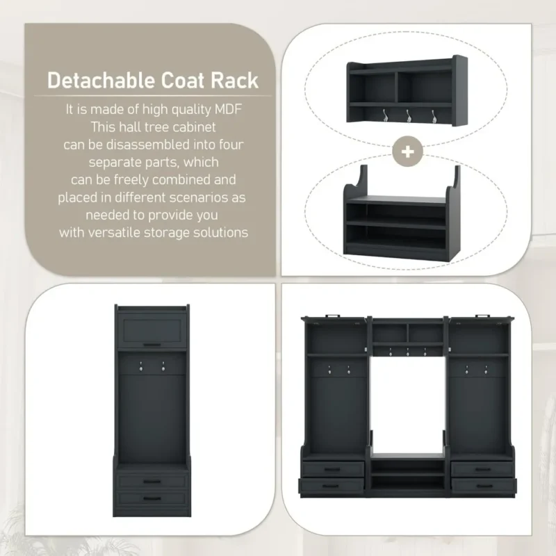 Modern Dark Blue Entryway Hall Tree with Storage Bench and 7 Hooks for Mudroom - Image 5