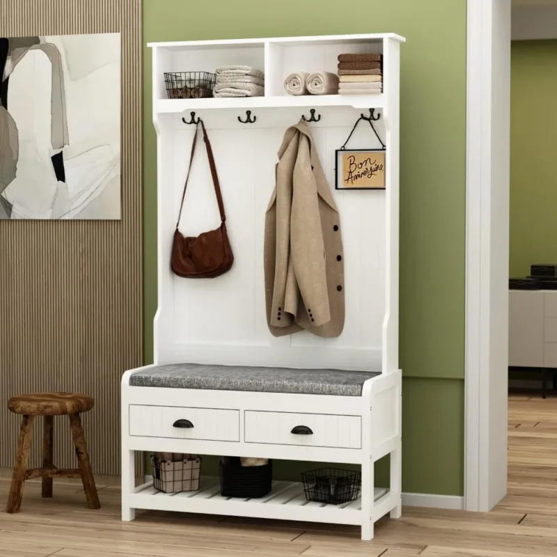 Modern White Hall Tree with Storage Bench and Coat Rack for Entryway - Image 2