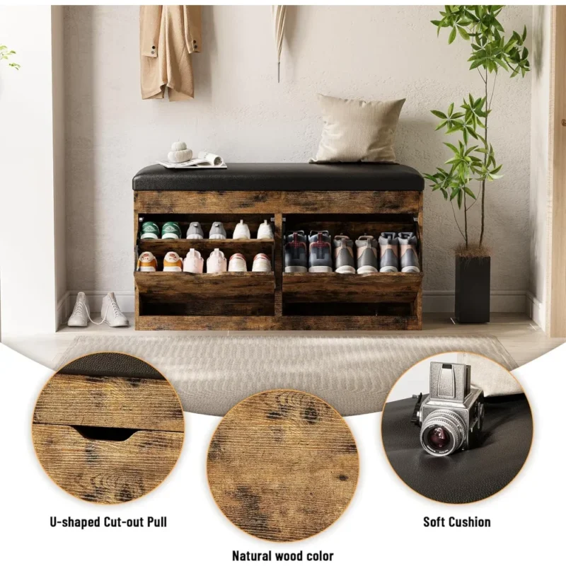 Modern Storage Entryway Bench with Flip Drawers and Cushioned Seat - Image 6
