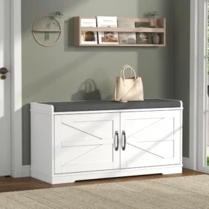 Farmhouse Wood Entryway Bench with Padded Seat and 2-Tier Shoe Storage