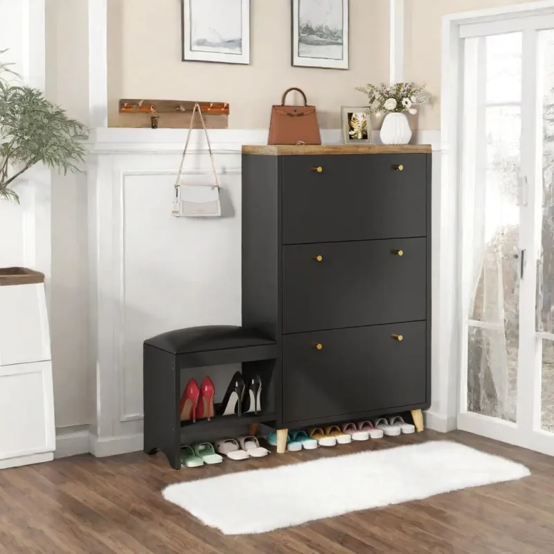Modern Wooden Entryway Cabinet Bench with Hidden Shoe Storage for Narrow Hallways - Image 7