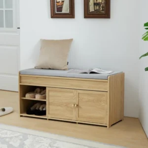 Transitional Storage Entryway Bench with Sliding Doors and Hidden Compartment for Hallway and Bedroom