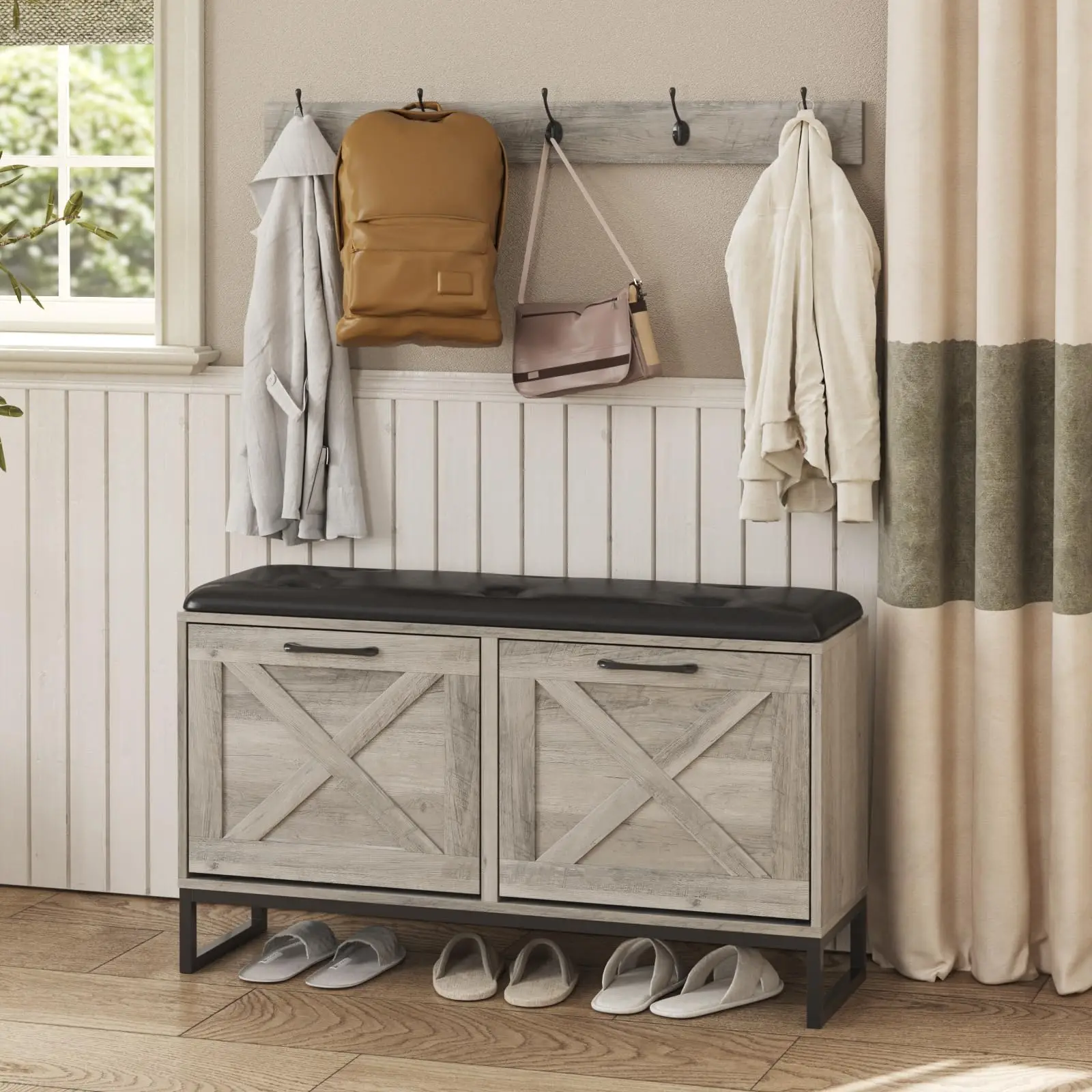 Versatile hall tree bench integrating comfortable seating with multiple storage solutions