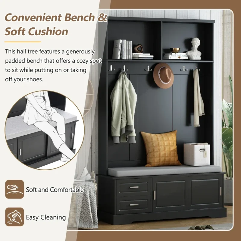 Farmhouse Hall Tree Entryway Bench with Sliding Doors and 6 Hooks for Mudroom - Image 3
