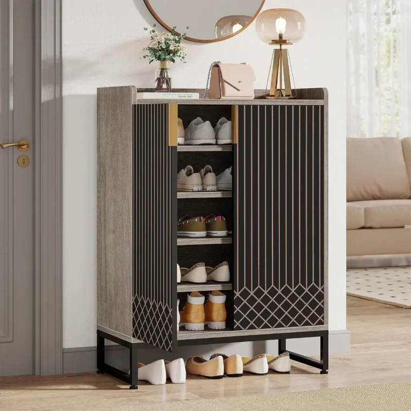 Modern Grey 5-Tier Shoe Cabinet with Doors for Entryway Organization - Image 3