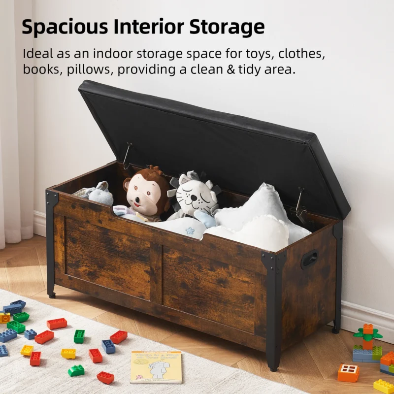 Industrial Wood Entryway Storage Bench with Cushion and Metal Frame - Image 3