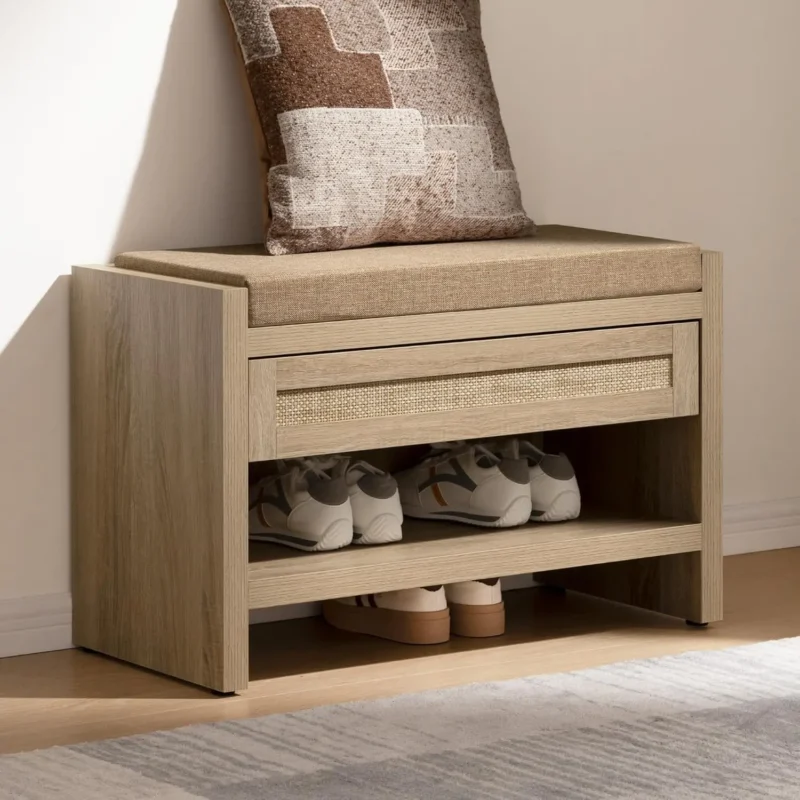 Farmhouse Boho Rattan Entryway Bench with Storage Drawer and Cushion for Hallway - Image 7