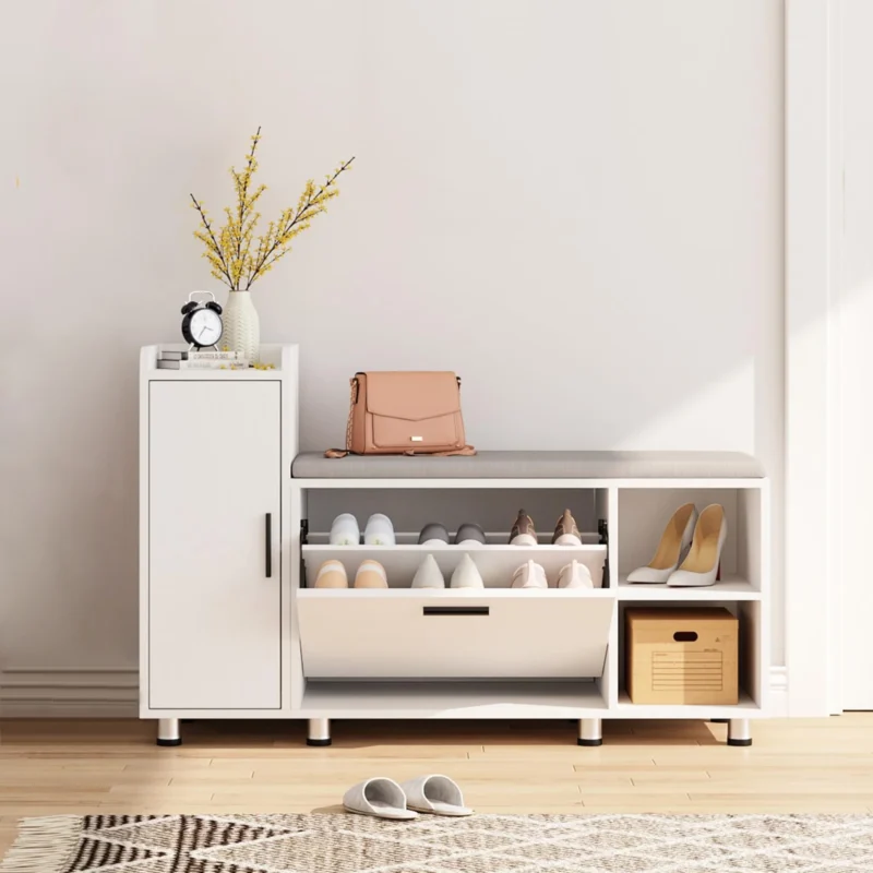 Modern Wooden Shoe Storage Bench with Padded Seat and Cabinet for Entryway