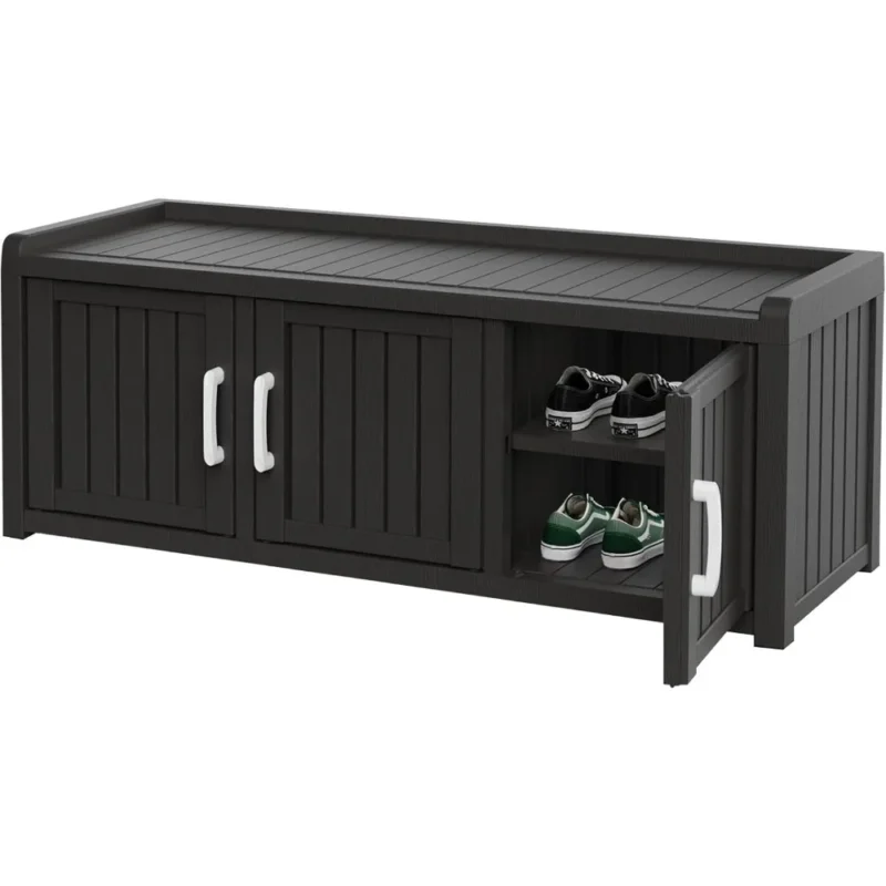 Industrial Black Entryway Bench with Three-Door Shoe Storage for Hallway