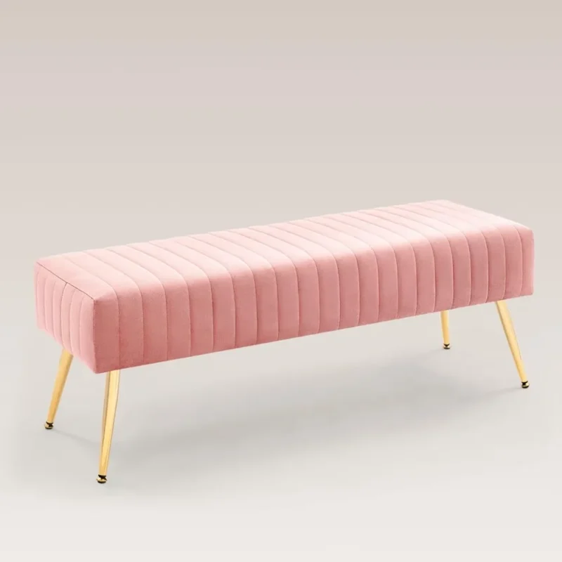Modern Pink Velvet Ottoman Bench with Wooden Frame for Bedroom and Entryway