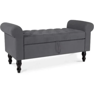 Modern Grey Upholstered Storage Ottoman Bench with Rolled Arms for Bedroom and Entryway