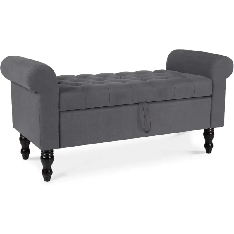 Modern Grey Upholstered Storage Ottoman Bench with Rolled Arms for Bedroom and Entryway