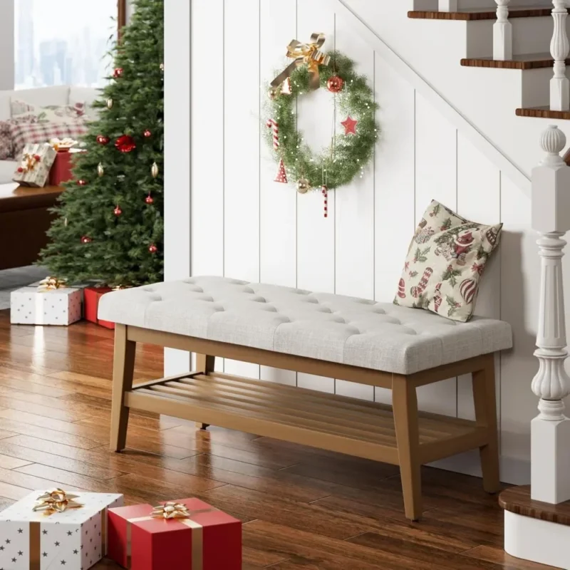 Modern Beige Upholstered Button-Tufted Entryway Bench with Wood Frame for Living Room - Image 6