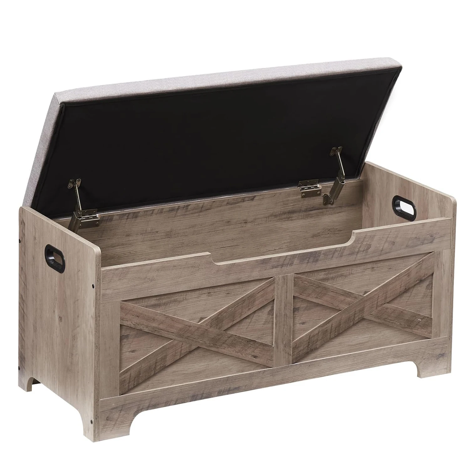Rustic wooden storage bench with open shelving for entryway organization