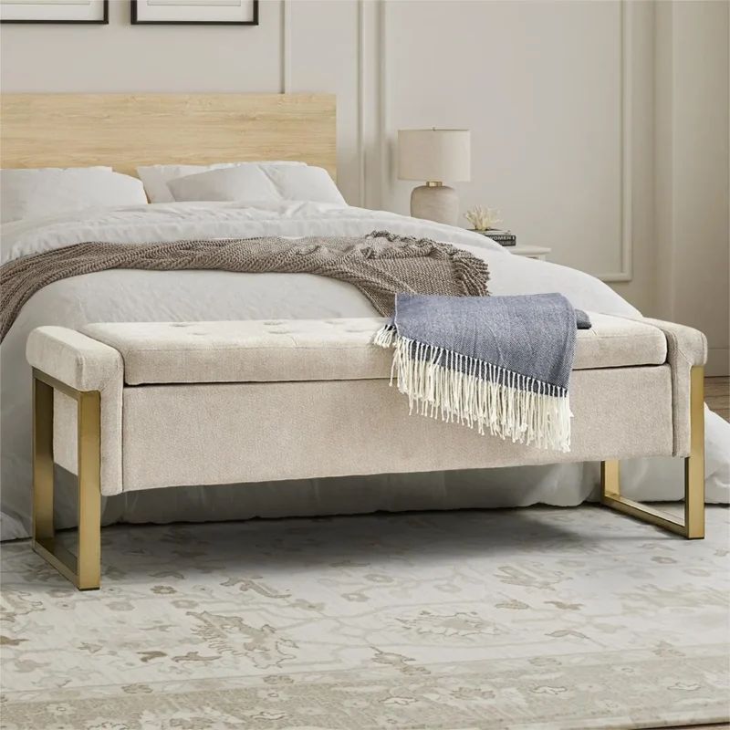 Modern Beige Upholstered Storage Ottoman Bench with Gold Legs for Bedroom and Entryway - Image 7