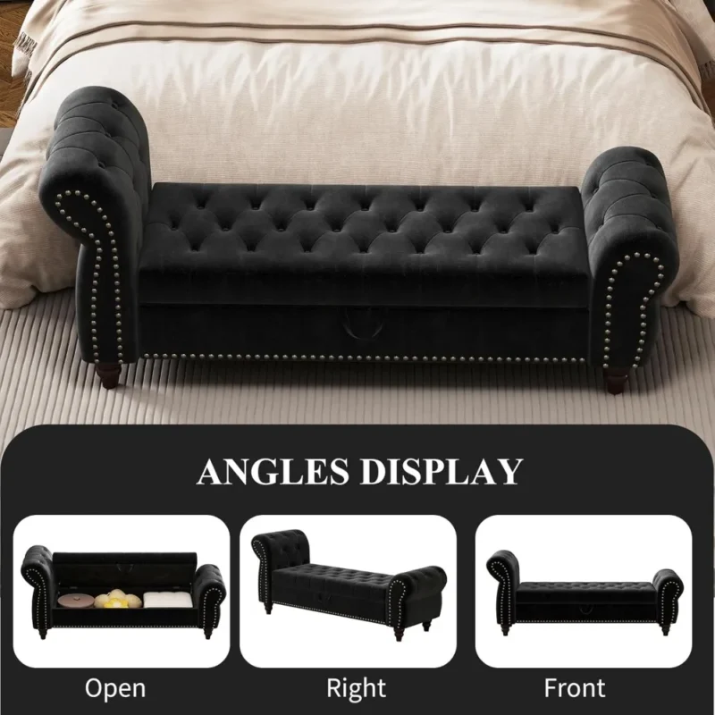 Modern Velvet Storage Ottoman Bench with Rolled Arms for Entryway and Bedroom - Image 6