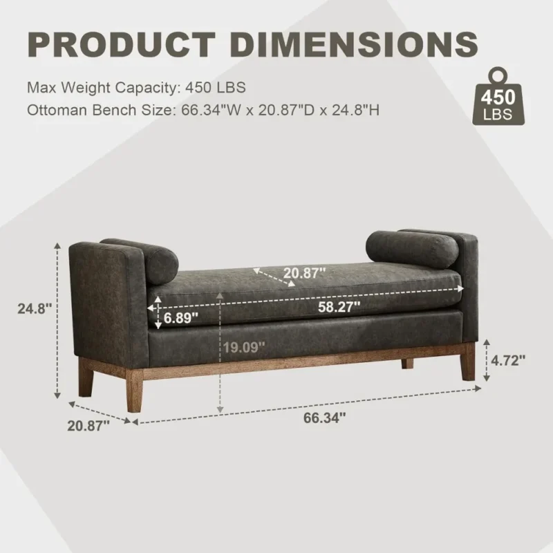 Modern Grey Upholstered Entryway Bench with Bolster Pillows and Wood Legs - Image 2