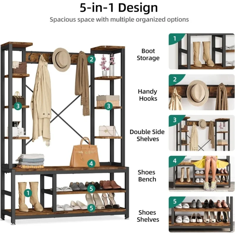 Industrial Wood Hall Tree with Bench and Shoe Storage for Entryway - Image 4
