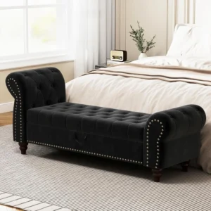 Modern Velvet Storage Ottoman Bench with Rolled Arms for Entryway and Bedroom