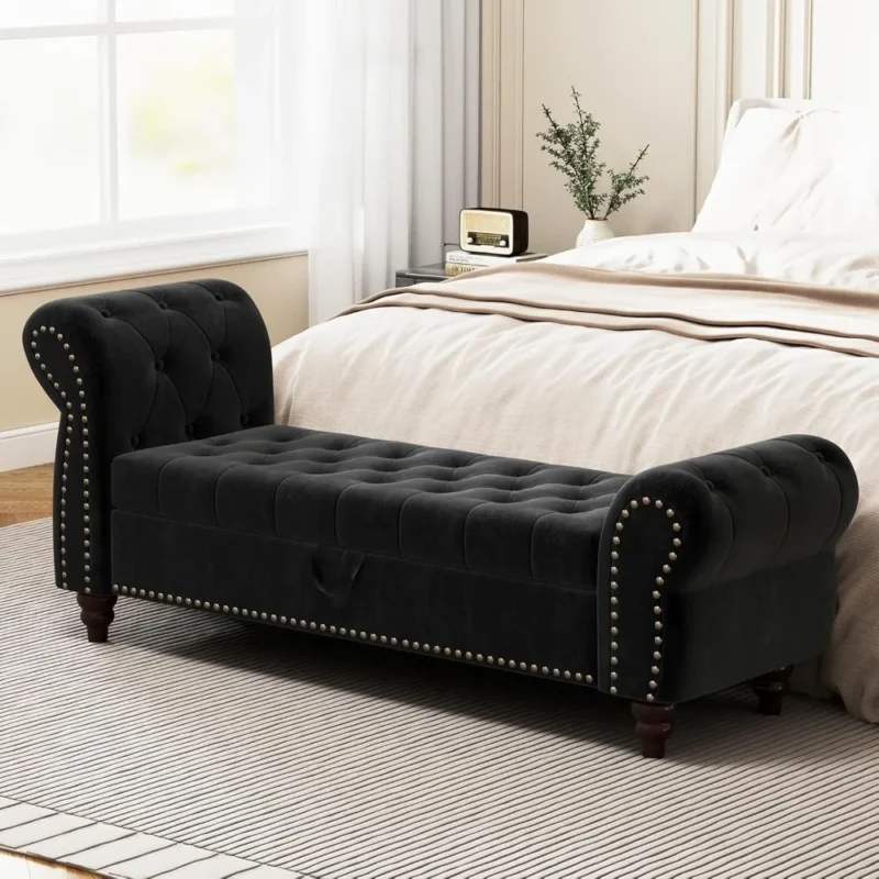 Modern Velvet Storage Ottoman Bench with Rolled Arms for Entryway and Bedroom